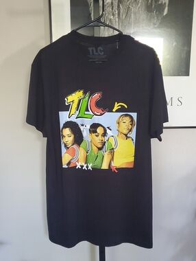 TLC Black Tee with Yellow, Green & Red Graphic
